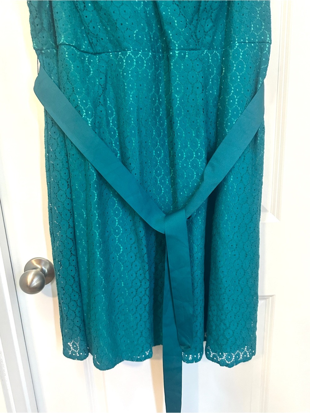 Lane Bryant Green Lace Wrap Dress with Self-Tie Belt - Picture 3 of 7